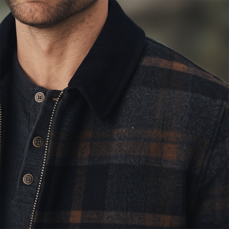 Men's Winter Retro Color-blocked Plaid Faux Wool Zip-up Jacket