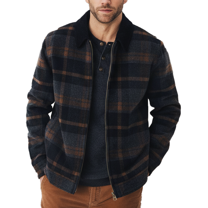 Men's Winter Retro Color-blocked Plaid Faux Wool Zip-up Jacket