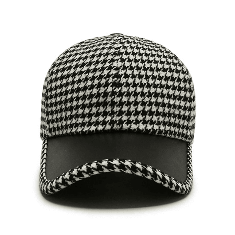 Men’s Houndstooth Baseball Cap | Brown Leather Cap with Brim