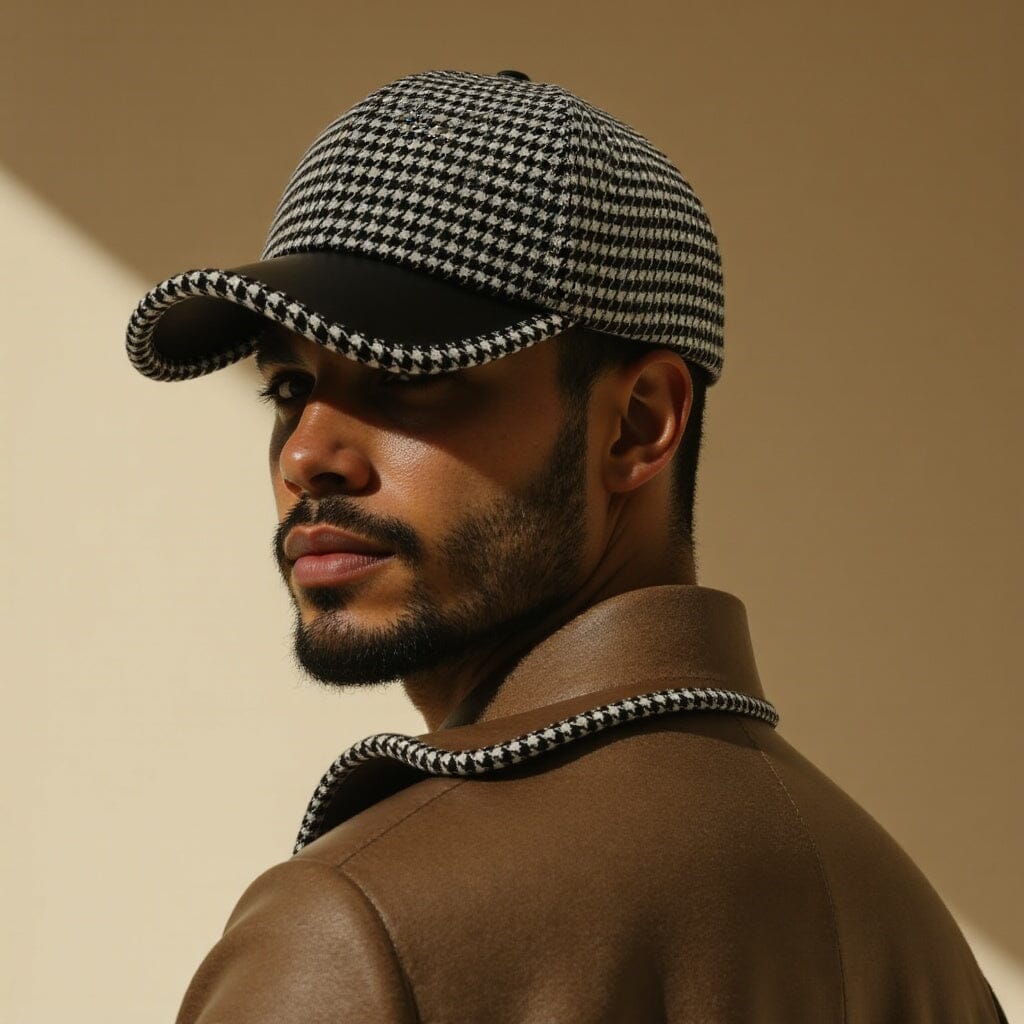 Men’s Houndstooth Baseball Cap | Brown Leather Cap with Brim