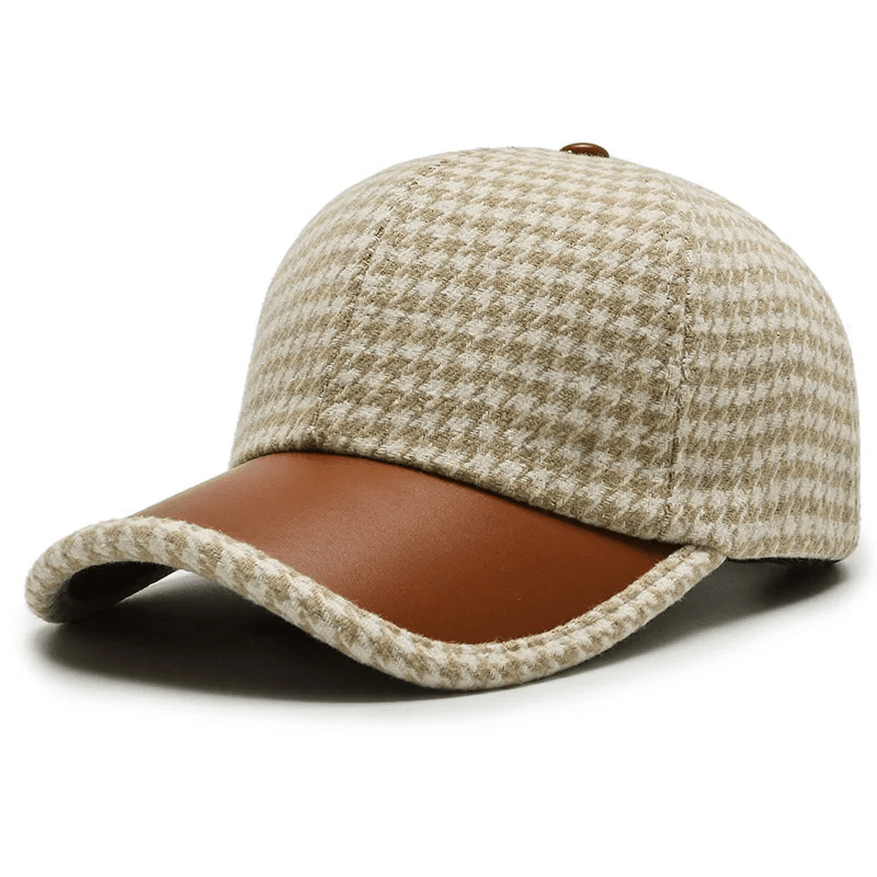 Men’s Houndstooth Baseball Cap | Brown Leather Cap with Brim