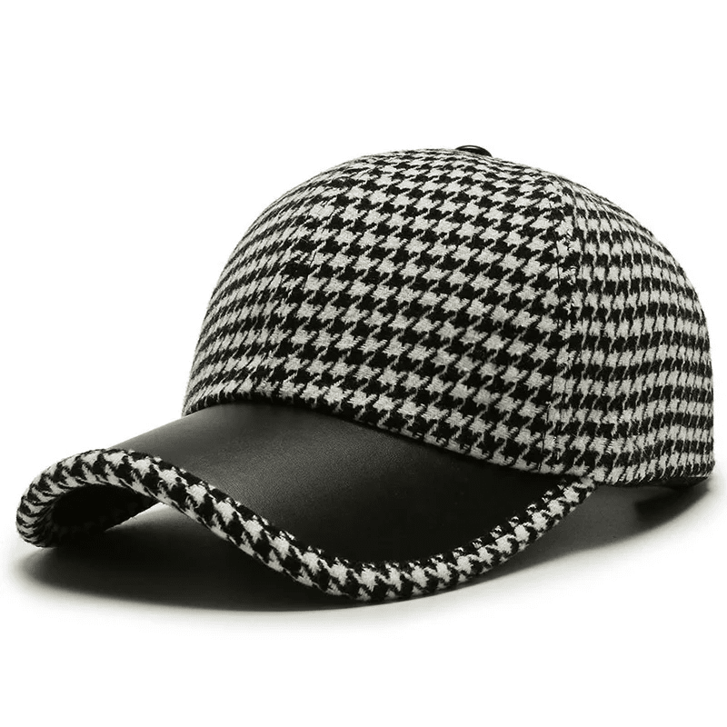 Men’s Houndstooth Baseball Cap | Brown Leather Cap with Brim