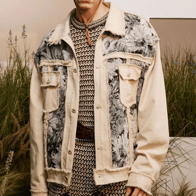 Men’s Patchwork Denim Jacket | Vintage Floral Jacket with Fringe Details