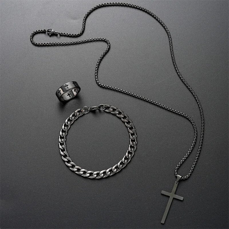 Men’s Cross Necklace Jewelry Set | Black Stainless Steel Chain Bracelet and Ring