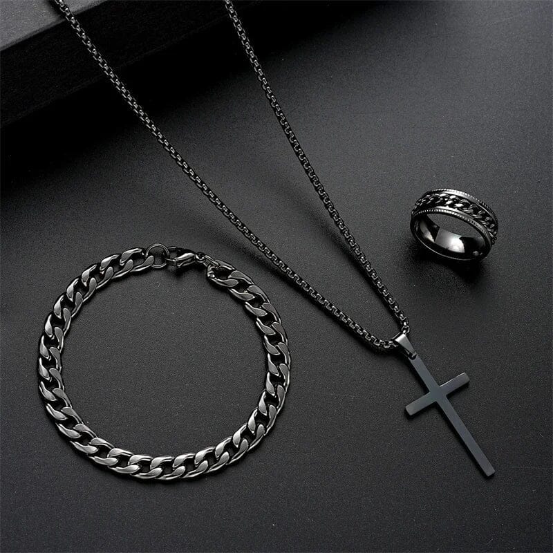 Men’s Cross Necklace Jewelry Set | Black Stainless Steel Chain Bracelet and Ring
