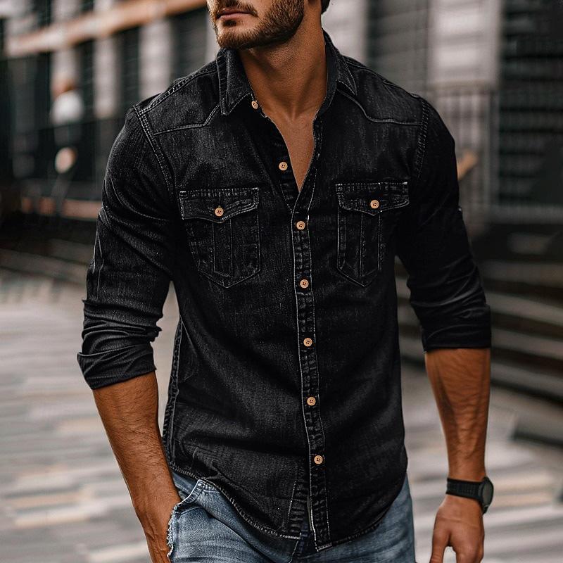 Men's Vintage Washed Distressed Denim Lapel Shirt