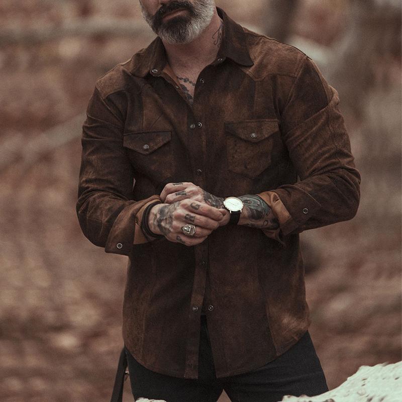 Men's Vintage Casual Suede Lapel Long Sleeve Shirt