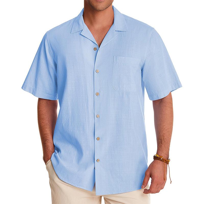 Men's Vintage Solid Color Breast Pocket Lapel Short Sleeve Shirt