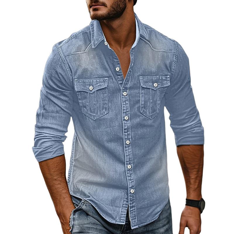 Men's Vintage Washed Distressed Denim Lapel Shirt