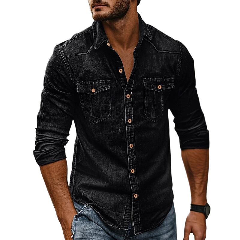 Men's Vintage Washed Distressed Denim Lapel Shirt