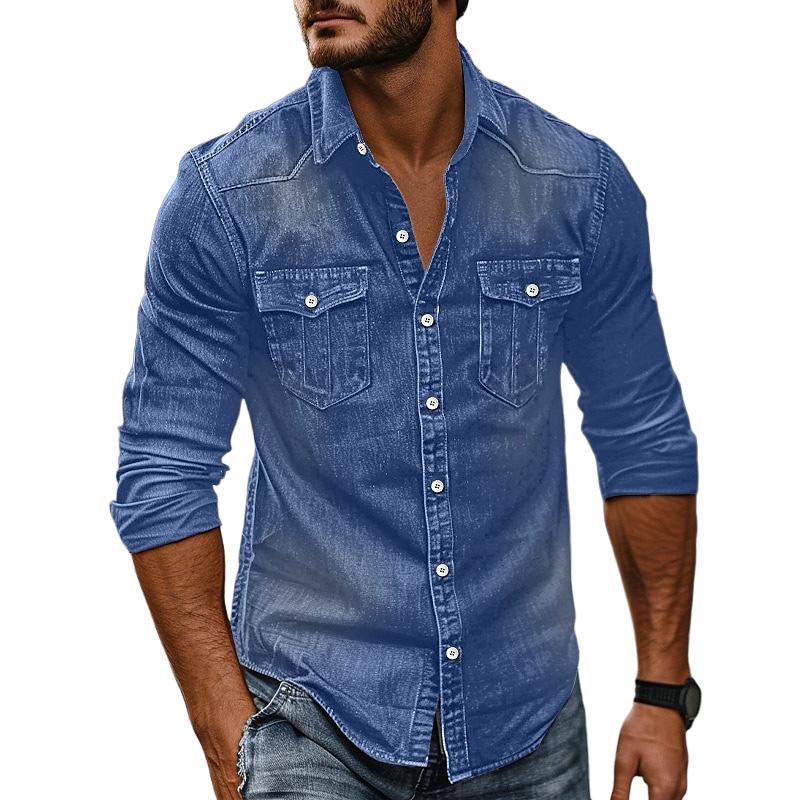 Men's Vintage Washed Distressed Denim Lapel Shirt