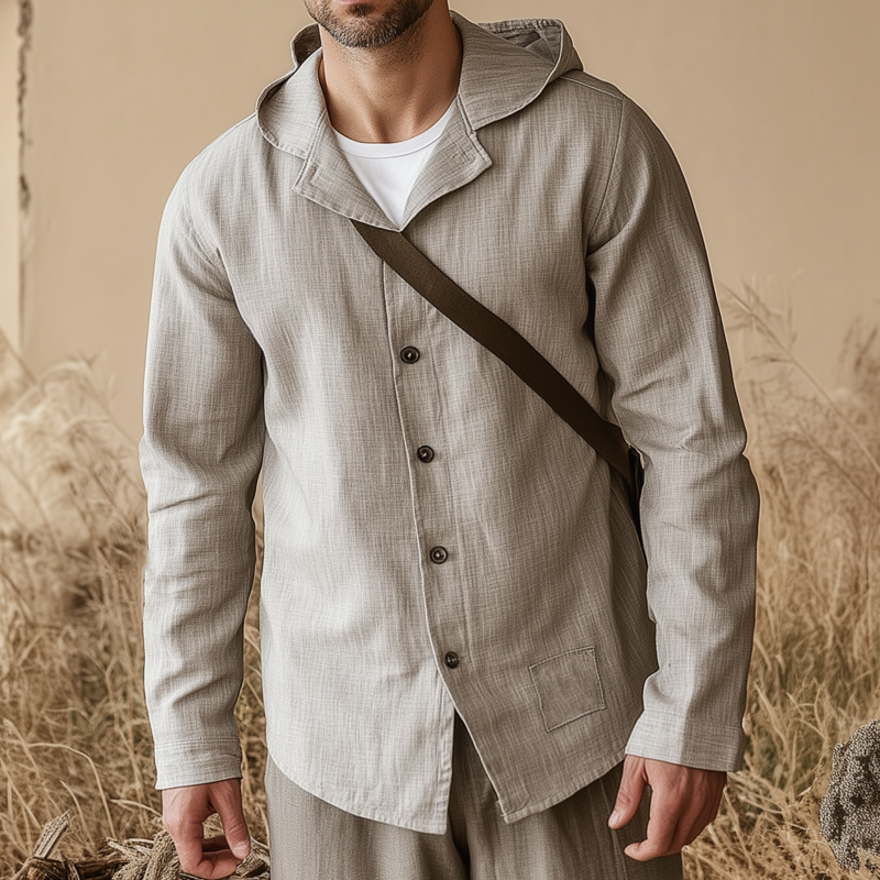 Men's Casual Solid Color Breathable Linen Lapel Hooded Loose Long Sleeve Shirt