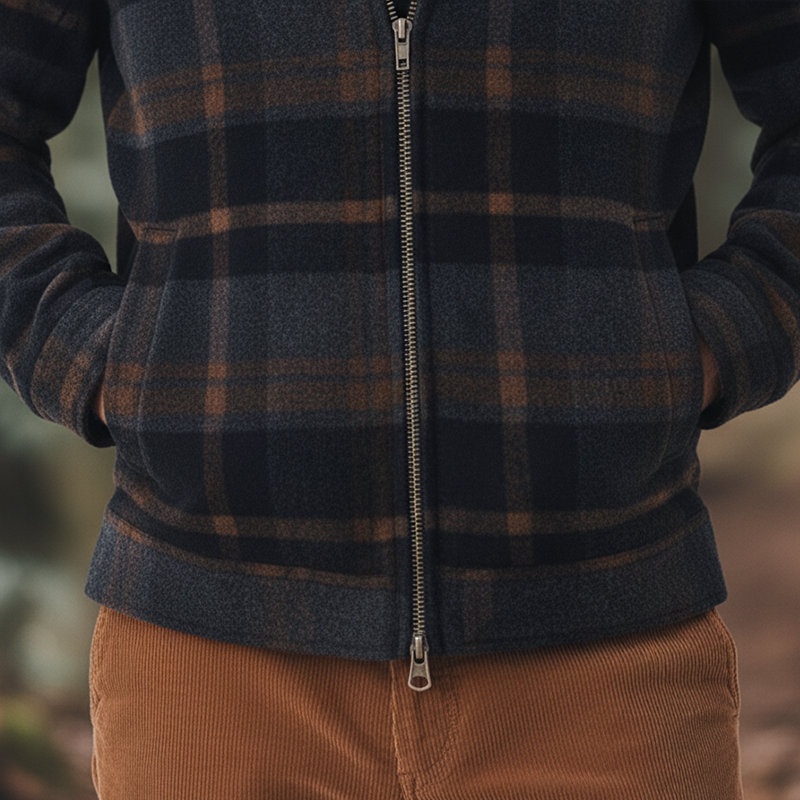 Men's Winter Retro Color-blocked Plaid Faux Wool Zip-up Jacket