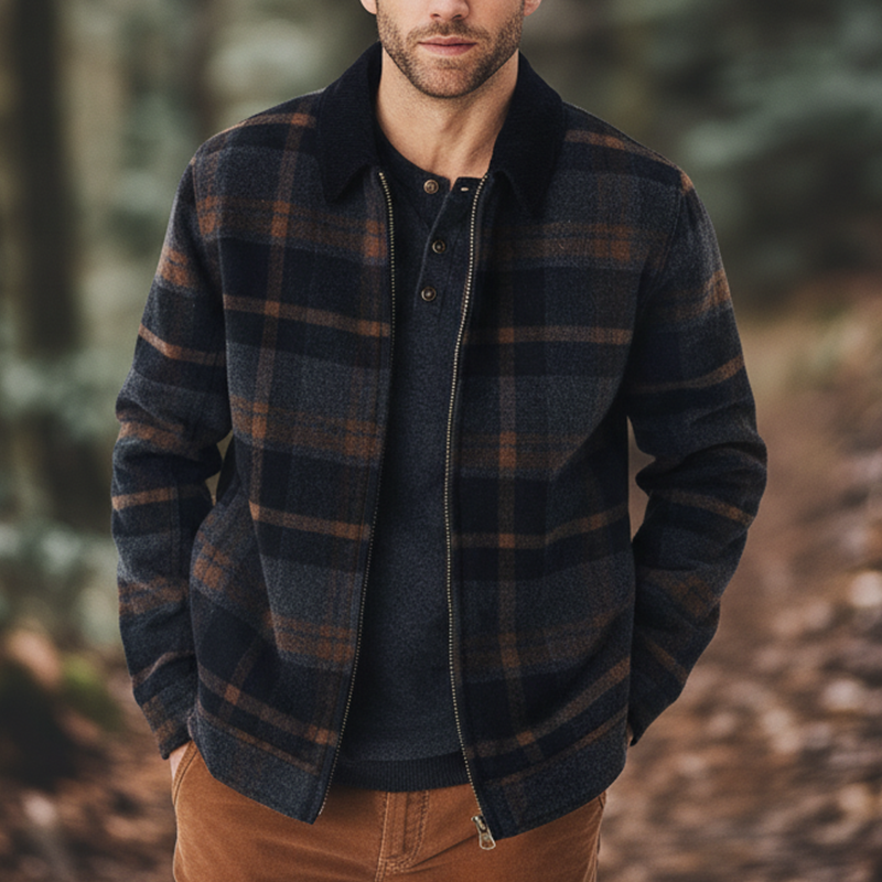 Men's Winter Retro Color-blocked Plaid Faux Wool Zip-up Jacket