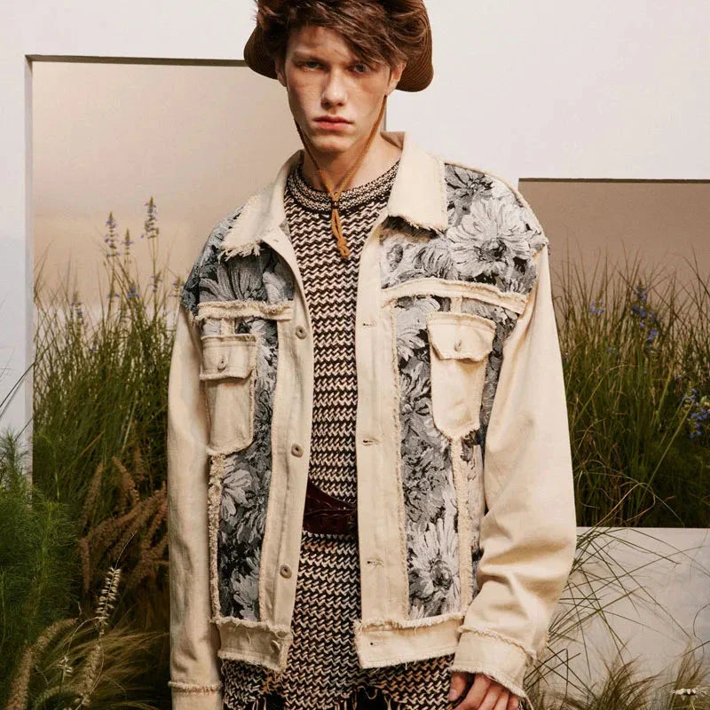 Men’s Patchwork Denim Jacket | Vintage Floral Jacket with Fringe Details