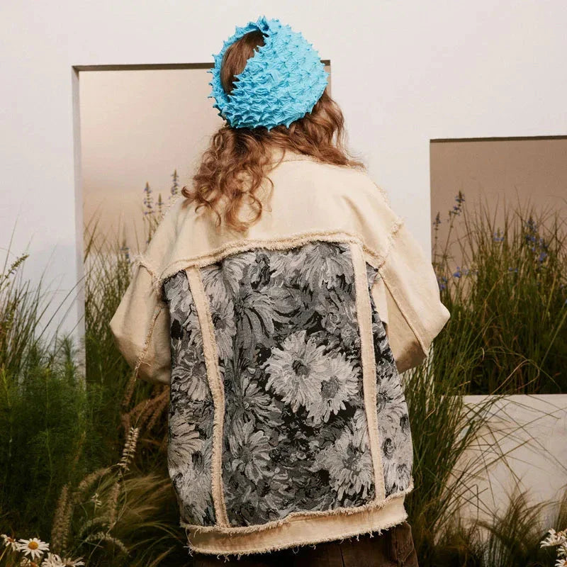 Men’s Patchwork Denim Jacket | Vintage Floral Jacket with Fringe Details