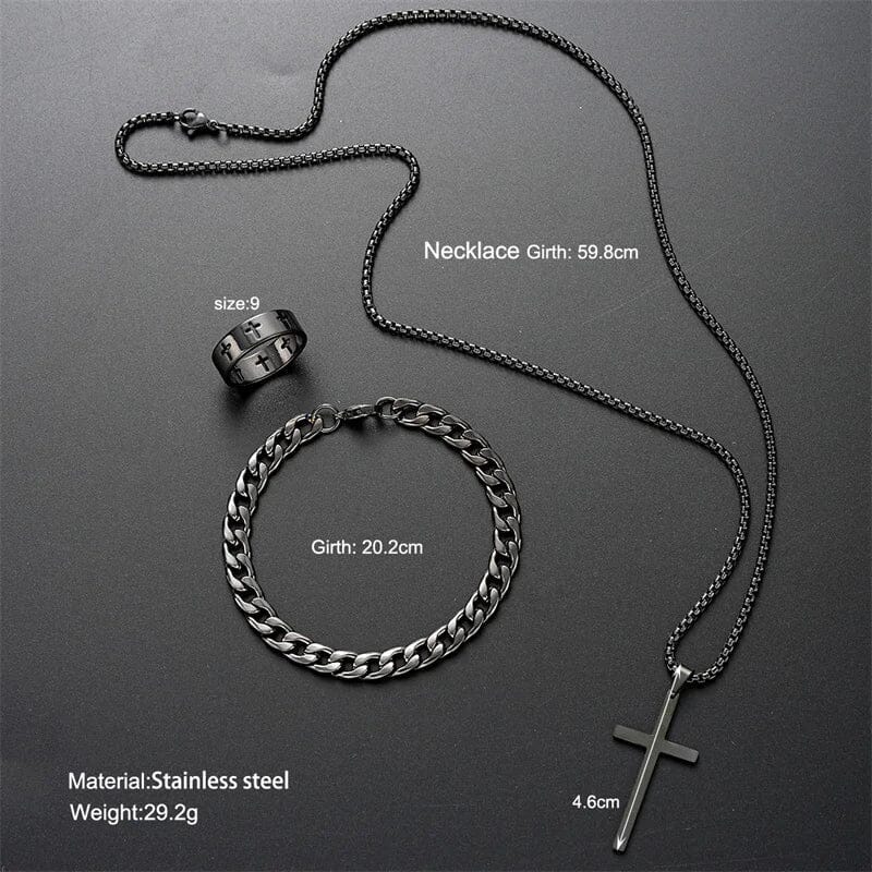 Men’s Cross Necklace Jewelry Set | Black Stainless Steel Chain Bracelet and Ring