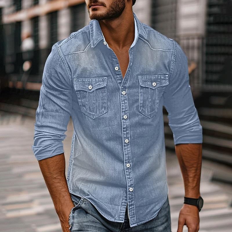 Men's Vintage Washed Distressed Denim Lapel Shirt