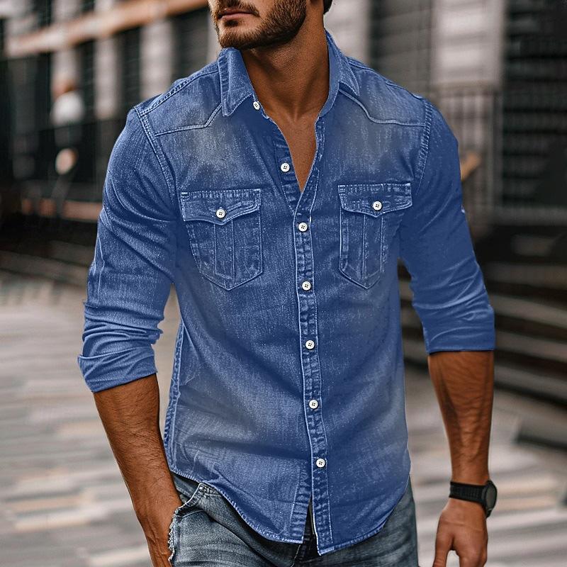 Men's Vintage Washed Distressed Denim Lapel Shirt