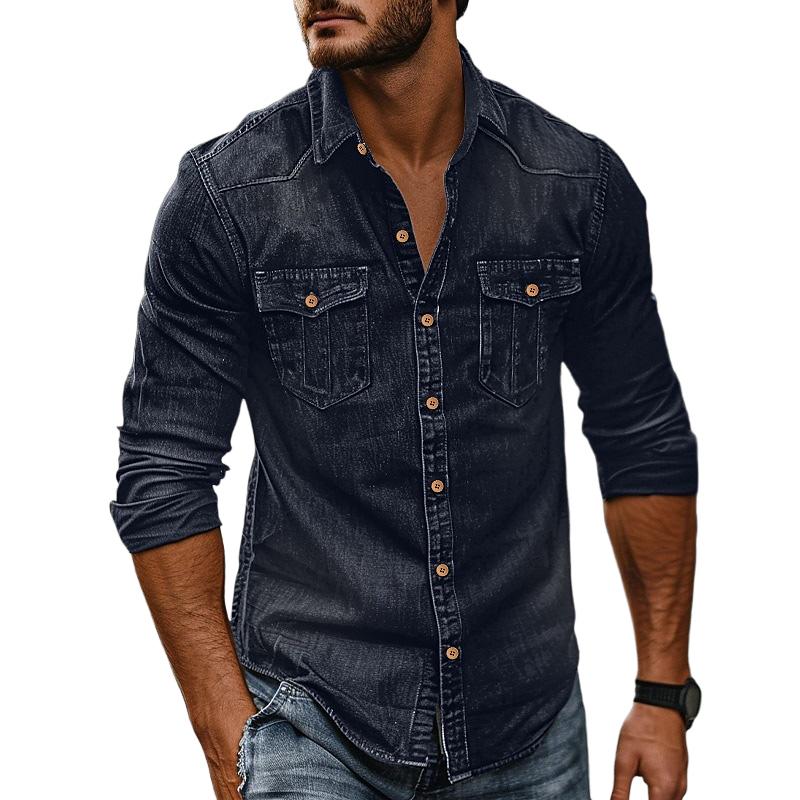 Men's Vintage Washed Distressed Denim Lapel Shirt
